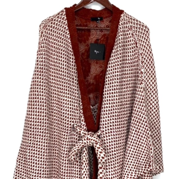 Rare Boho Ryu Rust Red & White Knit Tied Cardigan Sweater New Nwt Size Large - Picture 3 of 16